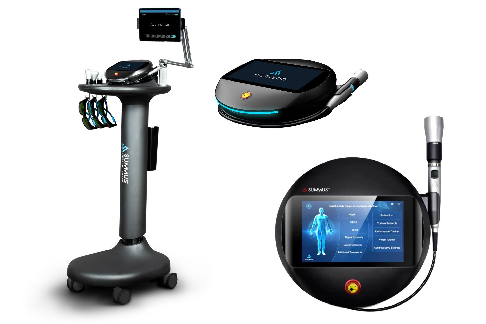 Horizon Laser Therapy System with adjustable optics and performance tracking features