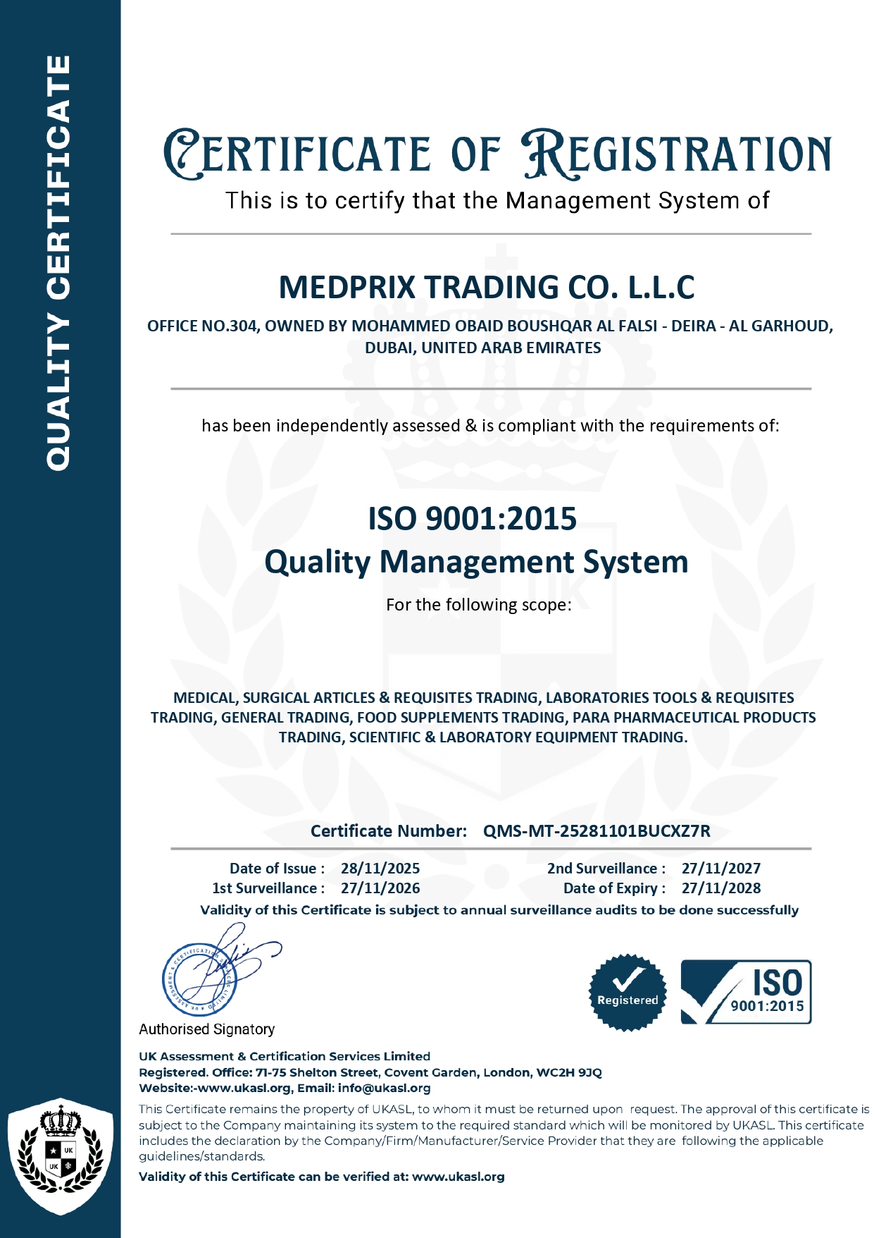 MedPrix ISO 9001:2015 Certificate
